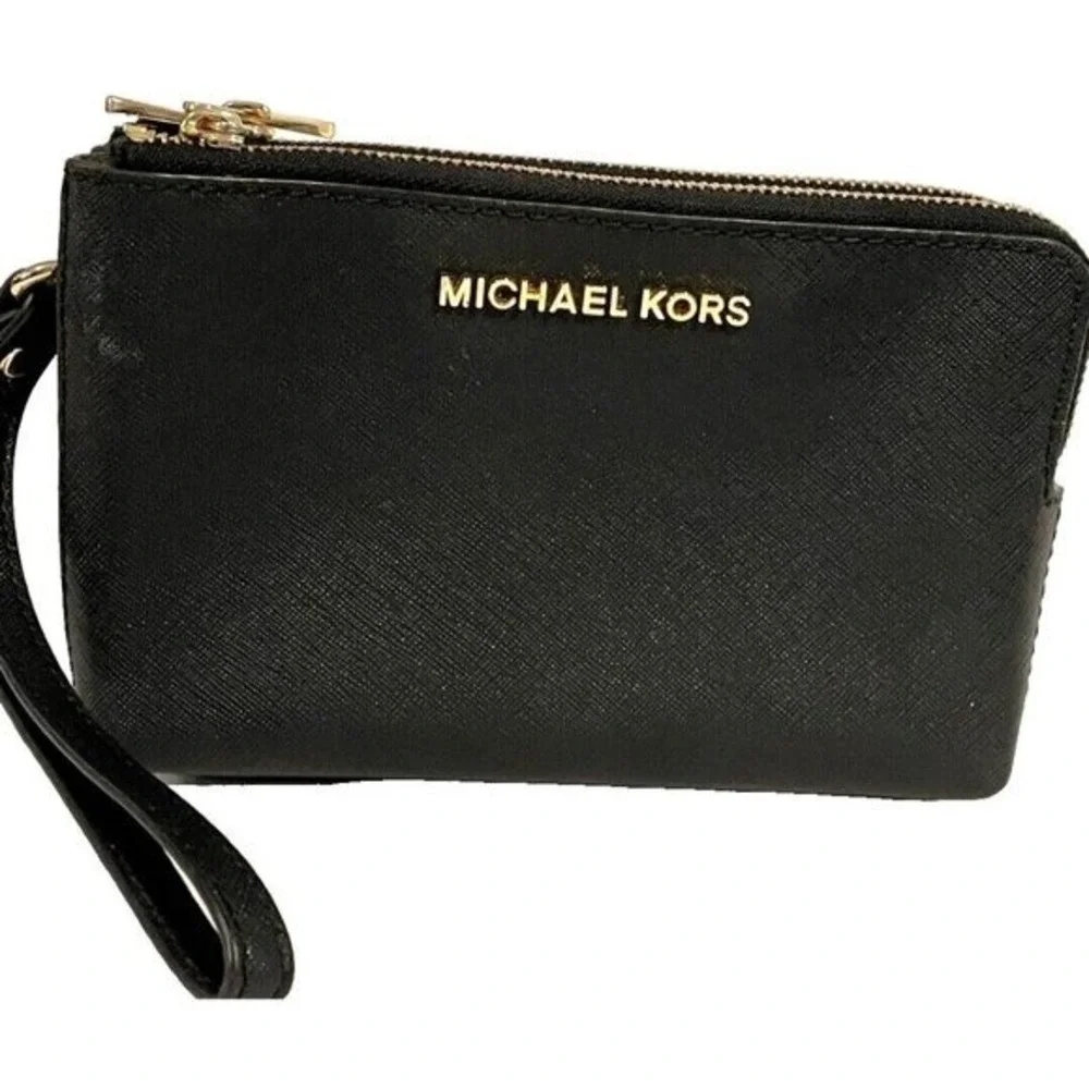 Michael Kors Black Leather Double Zip Wristlet‎ Wallet Clutch Purse Gold Tone